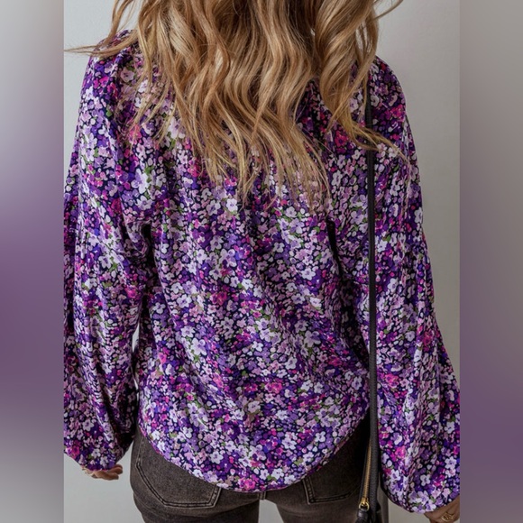 Purple Ditsy Floral Boho Blouse Tassel Tie Neck Flowy Top - Picture 2 of 9